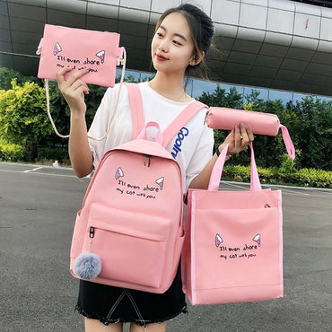 4 In 1 Canvas Student Schoolbag New Four-Piece Double Back Korean Letters with Hairball School Bag