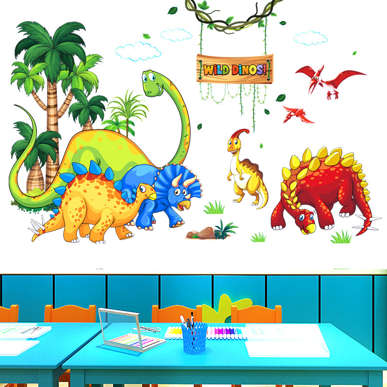 Wild Dino Kids Tree House Cartoon Animals Theme Wall Art Decal Sticker Decoration for Living Room Nursery Baby Girl Boy Kid Children's Room Bedroom Decoration