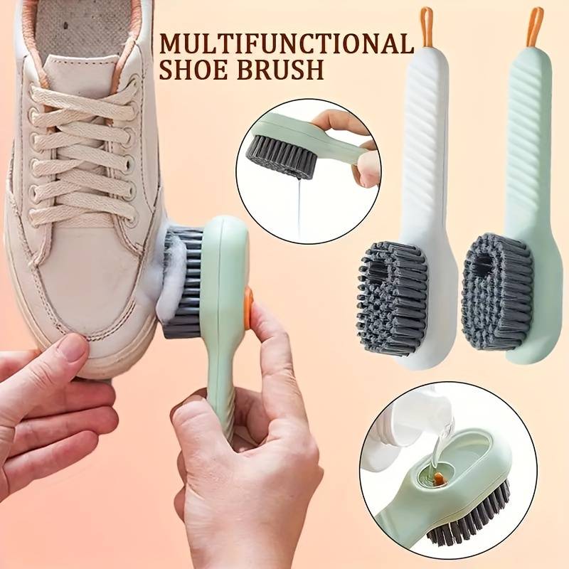 Multi-Functional Liquid Dispenser Shoe Brush with Soft Bristles, Plastic Handle, No Electricity Need