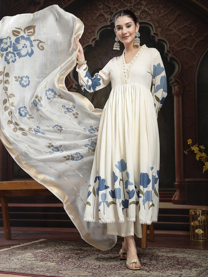 Women Floral Printed Empire Sequinned Kurta with Trousers & Dupatta