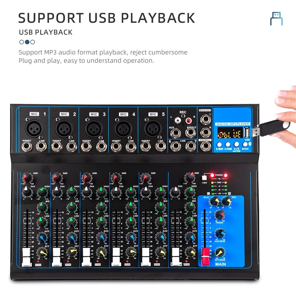 7 channel mixer F7 Bluetooth USB reverb Home F4 KTV stage performance live network song karaoke 4 channel mixing sound table
