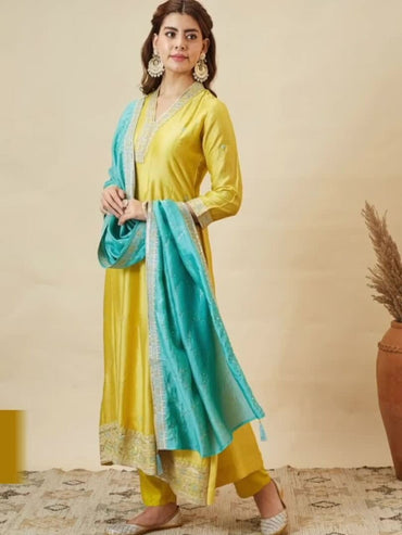 Women Silk Embroidered Anarkali Kurta and Pant with Dupatta Set