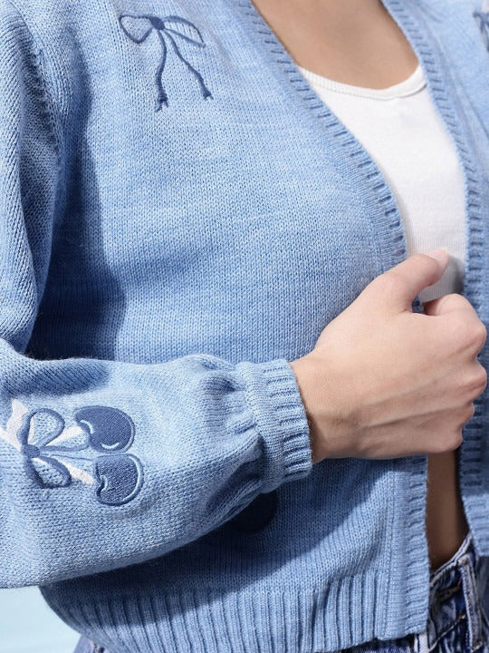 Crop Front Open Conversational Print Sweater with Embroidered Detail
