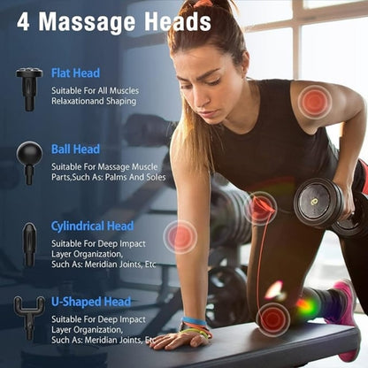Massage Gun | Portable Rechargeable Muscle Massager | 6 Adjustable Speeds & 4 Heads