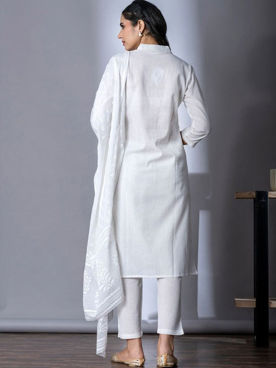 V-Neck Pure Cotton Straight Kurta with Palazzos and Dupatta