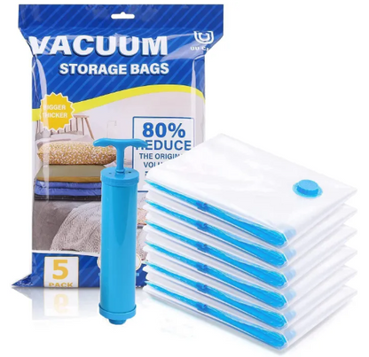 5-Pack Vacuum Storage Bags with Hand Pump: Space-Saver Compression Bags for Bedding, Towels & Travel