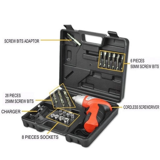 45 Pieces Set Pivoting Cordless Screwdriver Set, Power Tool with Rechargeable 3.6V Battery, Bits
