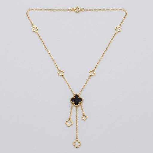 Elegant Black Onyx Clover Lucky Charm Golden Long Drop Necklace