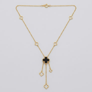 Elegant Black Onyx Clover Lucky Charm Golden Long Drop Necklace