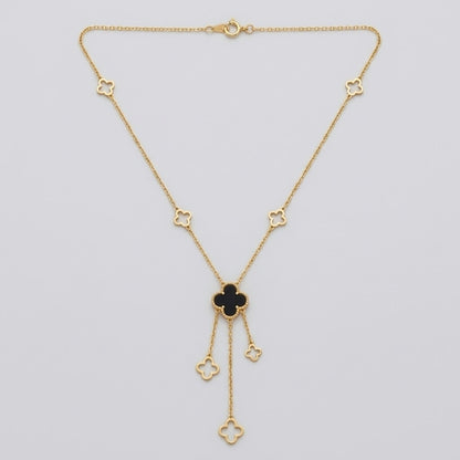 Elegant Black Onyx Clover Lucky Charm Golden Long Drop Necklace