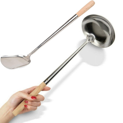 Stainless Steel Fried Rice Spoon with Wooden Handle Chinese Ladle, Wok Ladle