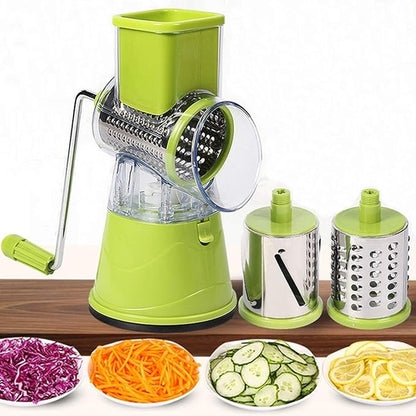 Pro-Grade Hand Drum Vegetable Cutter, Multi-Function Tabletop Grater with 3 Sharp Stainless Steel