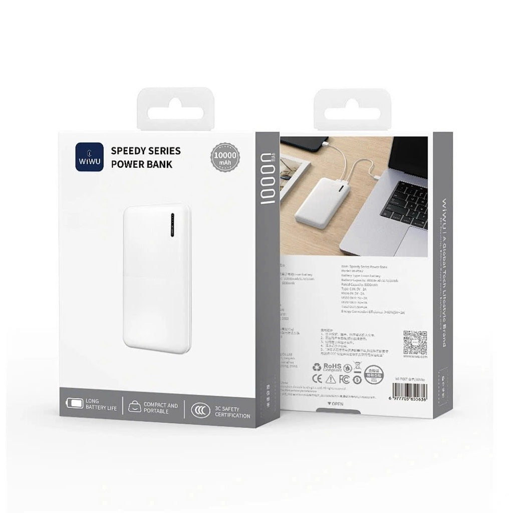 WiWU Wi-P067 10000mAh power bank with LED display, dual USB ports, and safe charging.