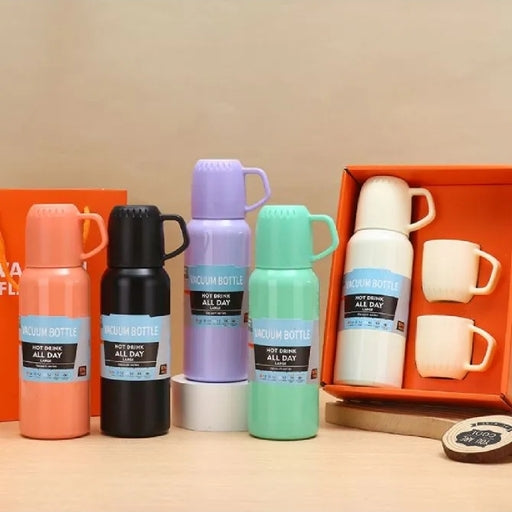 Stainless Steel Insulated Vacuum Flask Water Bottle Gift Set with 3 Cups SMT