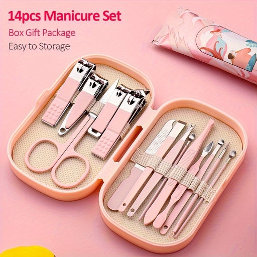 14Pcs Premium Manicure and Pedicure Kit in Pink and Blue, Featuring Stainless Steel Nail Scissors
