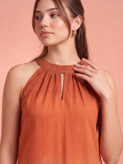 Tie and Dye Dyed Halter Neck Linen Blend a-Line Midi Dress