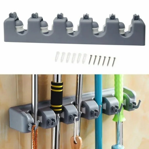 Broom and Mop Holder Wall Mount and Garden Tool Organizer, 5 Slot 6 Hooks Wall Mounted Organizers