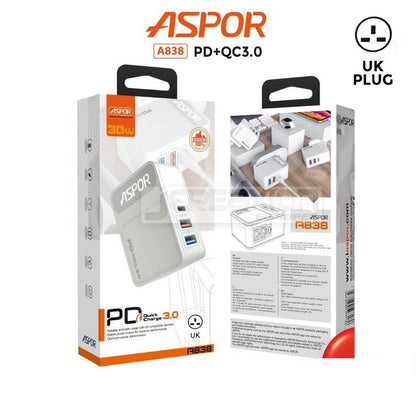 Aspor A838 3 USB QC3.0 + IQ Output 30W Quick Charge UK Plug Home Charger
