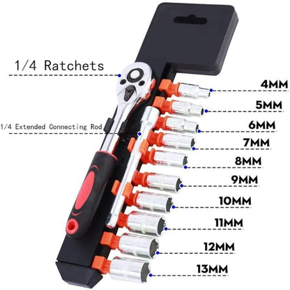 12Pcs 1/4 Inch Socket Wrench Set Metric Impact Sockets Ratchet Spanner Complete Tool (Small)