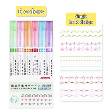 6-Piece Cute Patterned Curve Line Marker Pens | Quick-Drying Shaped Roller Highlighters