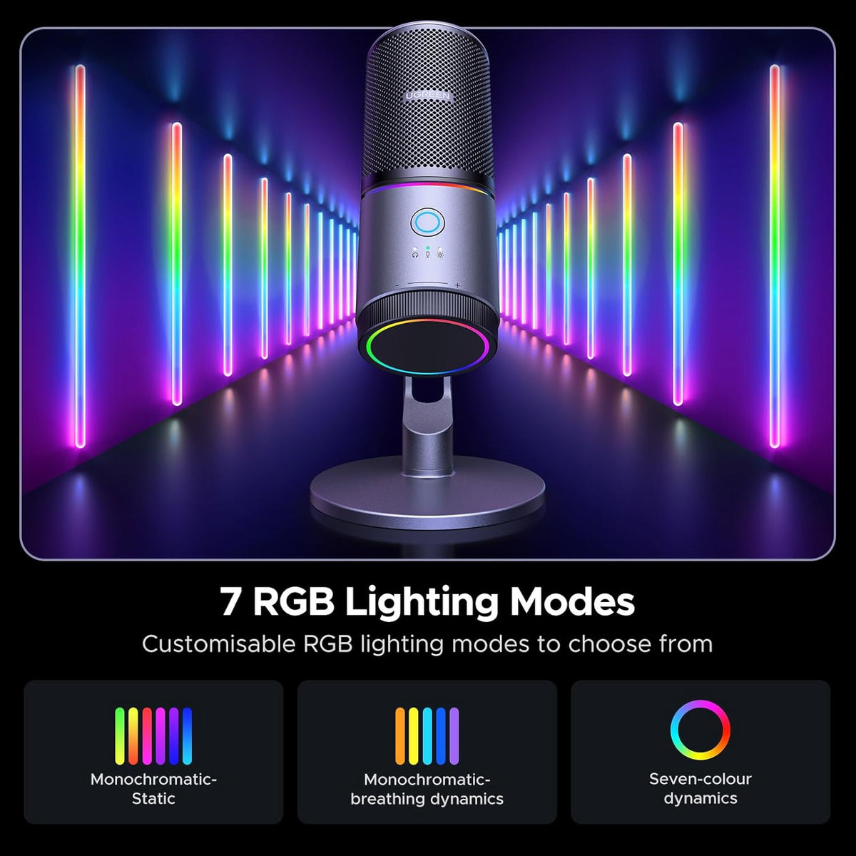 UGREEN CM769 USB Desktop Microphone with RGB Lights, Mute Button, 24bit/96kHz, Cardioid Polar Pattern, Volume Control, Condenser Microphone for Streaming, Gaming, Podcasting, Recording, Laptop, PS5
