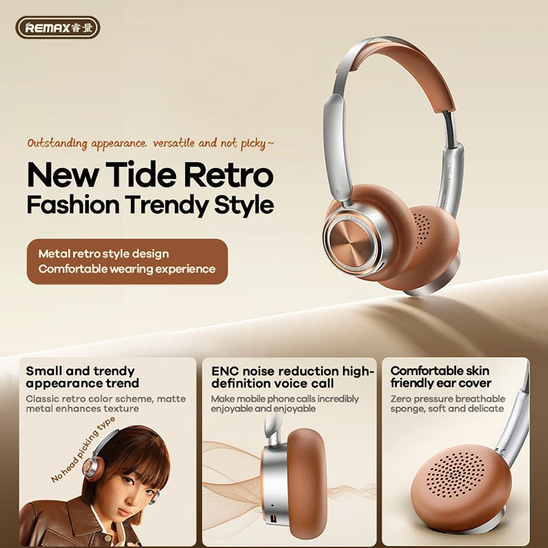 REMAX RB-830HB Retro Wireless Headphones Vintage Style BT 5.4 60-Hour Built-in Mic Comfort Fit Headphone for Music & Calls