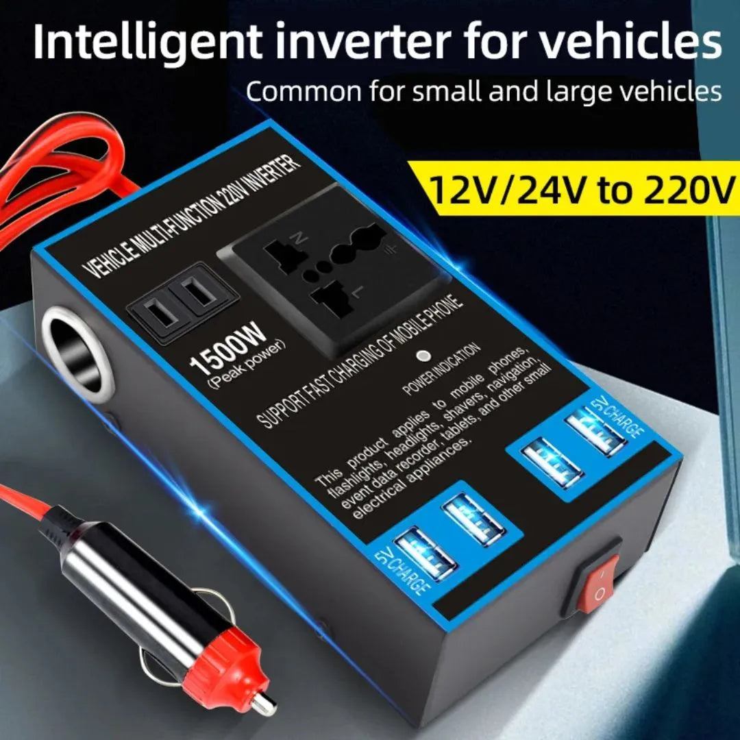 1500W Car Power Inverter DC 12V/24V to AC 220V | 4 USB Fast Charger Universal Adapter