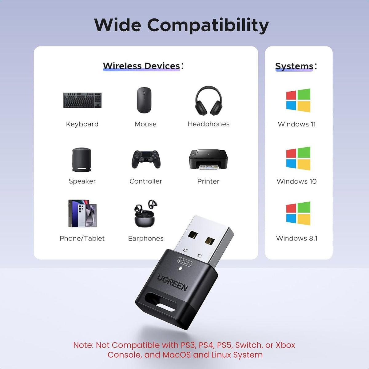UGREEN 75073 USB Bluetooth Adapter for PC, Bluetooth 6.0 Dongle Receiver EDR & BLE, Plug & Play for Windows 11/10/8.1, for Headphone/Keyboard/Mouse/Speakers/Printer