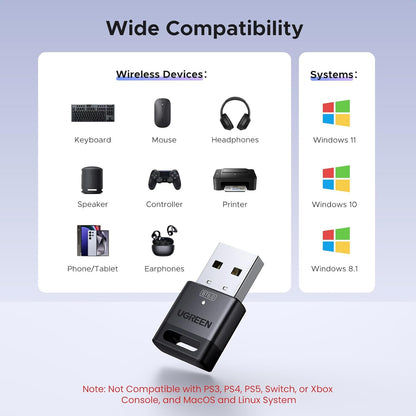 UGREEN 75073 USB Bluetooth Adapter for PC, Bluetooth 6.0 Dongle Receiver EDR & BLE, Plug & Play for Windows 11/10/8.1, for Headphone/Keyboard/Mouse/Speakers/Printer