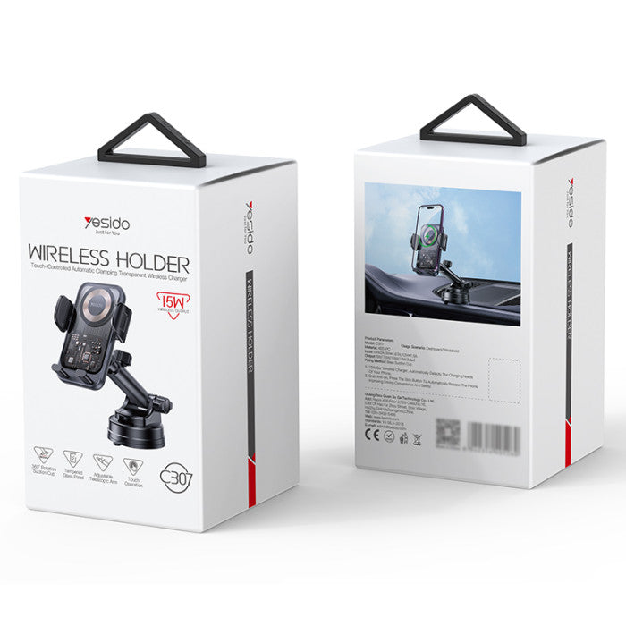 YESIDO C307 360 Rotation Electric Locking 15W Wireless Fast Charging Transparent Car Phone Holder