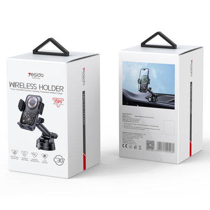 YESIDO C307 360 Rotation Electric Locking 15W Wireless Fast Charging Transparent Car Phone Holder