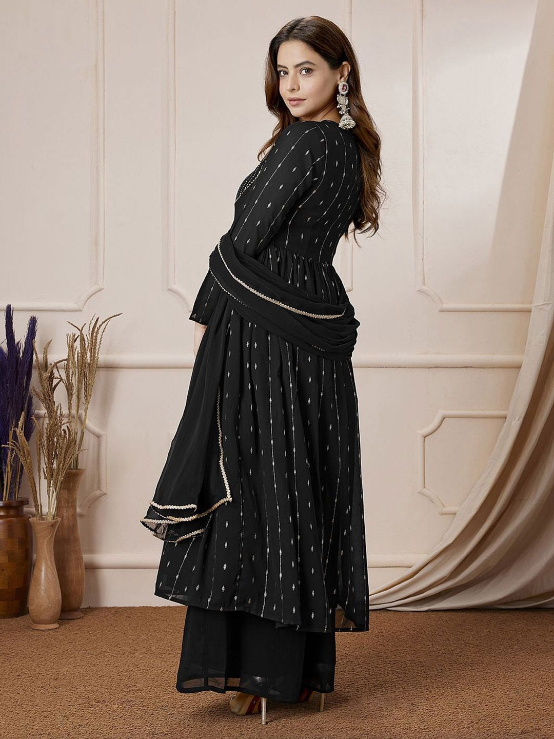 Women's Black Georgette Foil Printed Anarkali Kurta with Palazzo Set