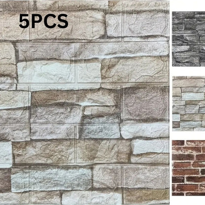 5Pcs 3D PE Foam Brick Wall Stickers – Self-Adhesive Waterproof Wallpaper Tiles, 70×77Cm