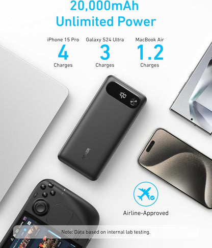 Anker Power Bank, 20,000mAh Travel Essential Portable Charger with Built-In USB-C Cable, 3-Port 87W Max Fast Charging Battery Pack, for MacBook, iPhone 16/15 Series, Samsung, Switch, and More