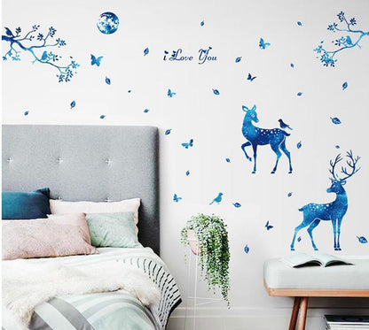 Attractive Blue Deer with Blue Tree Butterfly Sticker room wallpaper bedroom nursery kids room decoration Wall Stickers