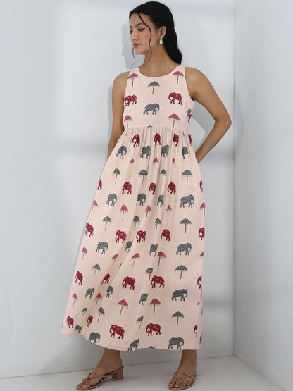 Off White Elephant Printed a-Line Cotton One-Piece Dress
