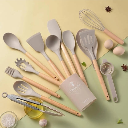 12PCS Silicone Kitchen Utensil Set Heat Resistant Spatula Wooden Spoon Tools for Non-Stick Cookware