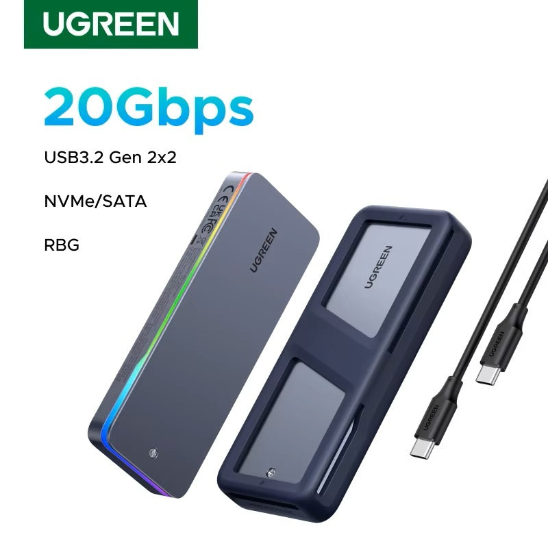 UGREEN 20Gbps M.2 SSD Case NVMe SATA SSD Enclosure Adapter USB 3.2 Gen2 External Enclosure Supports RGB Lighting effect