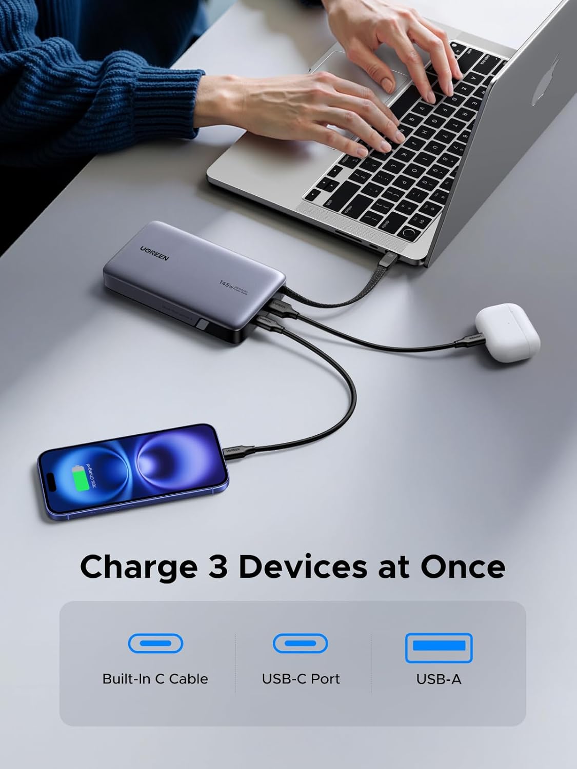 UGREEN 20000mAh 145W Power Bank with Built-in USB-C Cable - 55992B