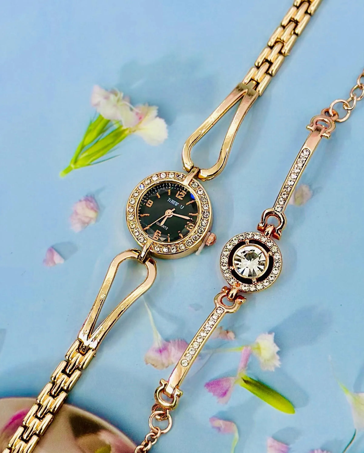 Luxury Women Shiny Bracelet Watches 2Pcs Set Gold / Silver / Rose Gold Watch