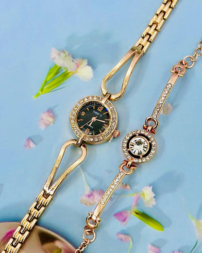 Luxury Women Shiny Bracelet Watches 2Pcs Set Gold / Silver / Rose Gold Watch