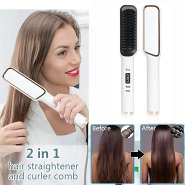2-In-1 Electric Hair Styling Tool – Ceramic Hot Comb Straightener & Curler for Smooth