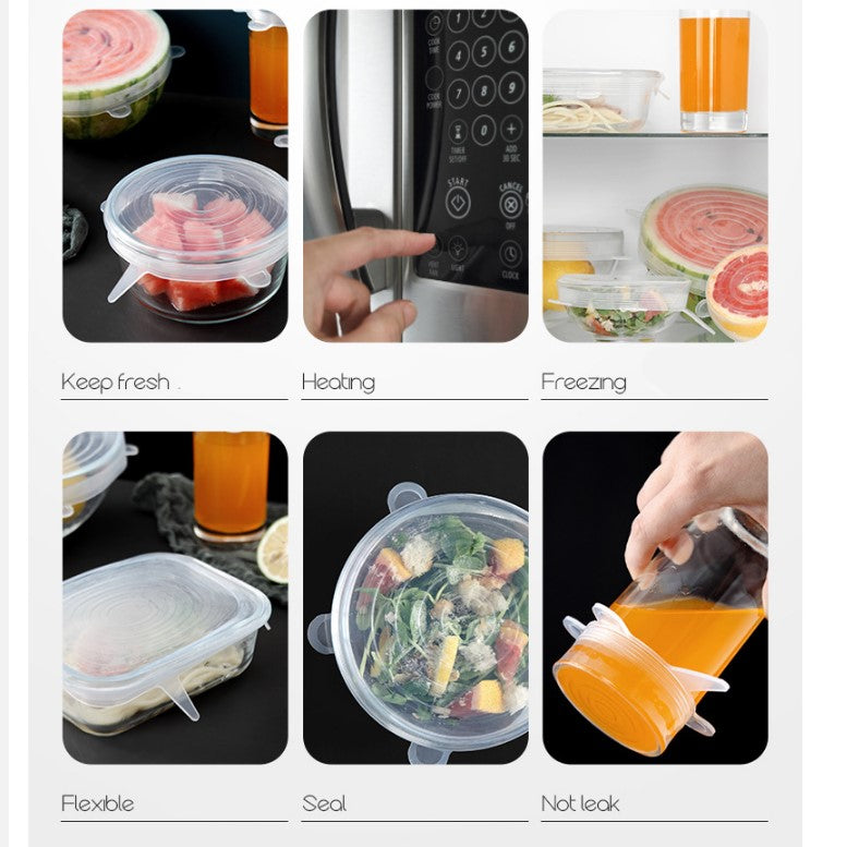 6 Pcs Silicone Lids, Reusable, Super Stretch Silicone Lids, Best Durable Kitchen Baking Tool And Coolest Cooking Gadget