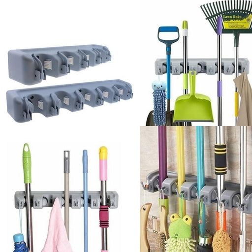 Broom and Mop Holder Wall Mount and Garden Tool Organizer, 5 Slot 6 Hooks Wall Mounted Organizers