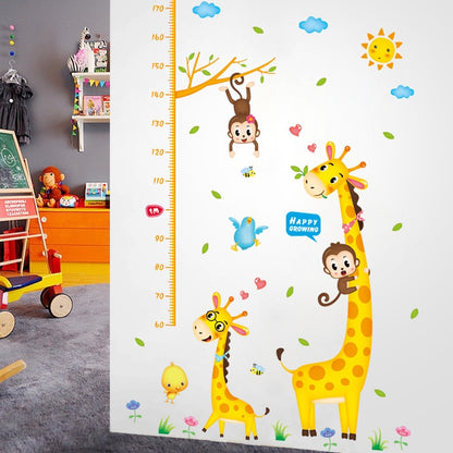 Two Giraffe with Monkeys Height Measuring growing kids measurement chart cartoon animals tree bridge baby children bedroom room wall decoration wall stickers removable kids nursery decal sticker