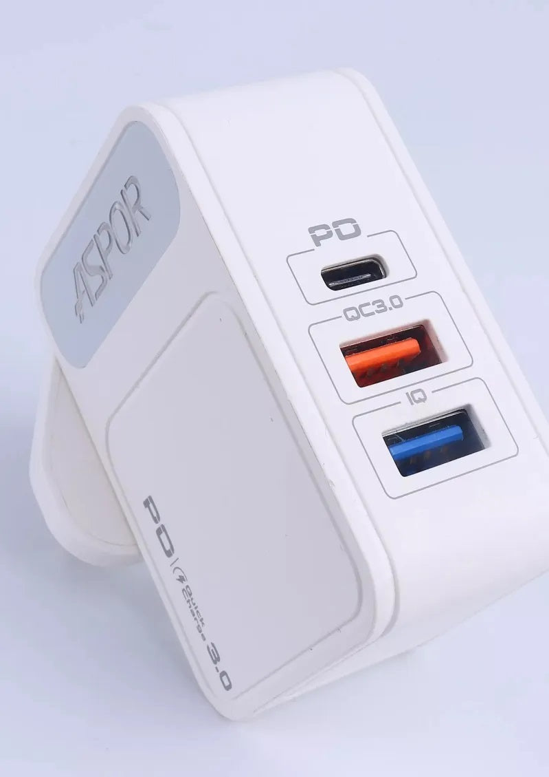 Aspor A838 3 USB QC3.0 + IQ Output 30W Quick Charge UK Plug Home Charger