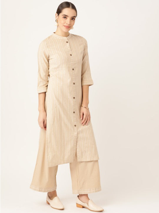 Women Beige Cotton Striped Kurta with Palazzos