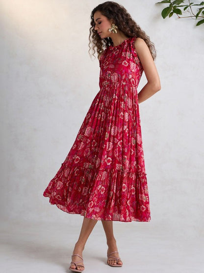 Floral Print Ruffled Chiffon Fit & Flare Midi Dress