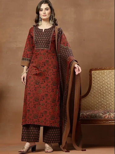 Printed Pure Cotton Round Neck Kurta & Palazzos with Dupatta