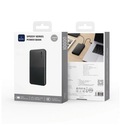 WiWU Wi-P067 10000mAh power bank with LED display, dual USB ports, and safe charging.